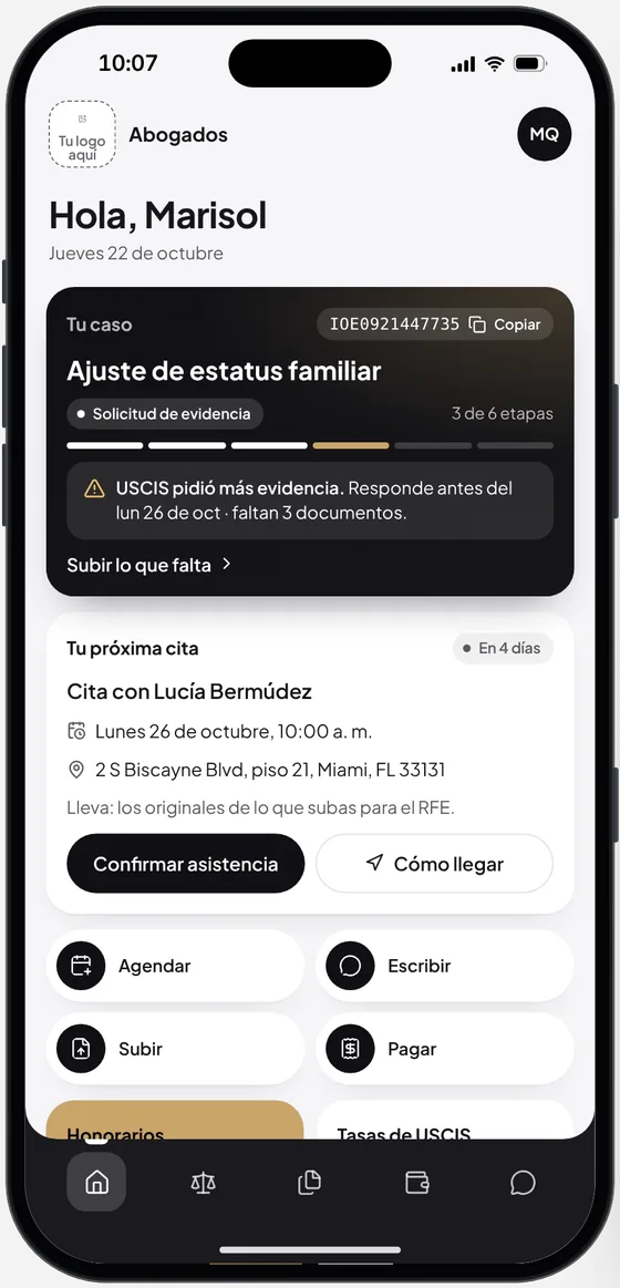 La app del cliente en la demo de Abogados
