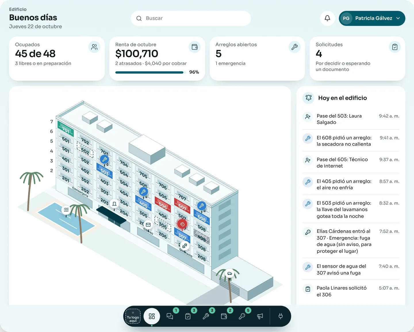 El panel del edificio en la demo de Edificios de apartamentos