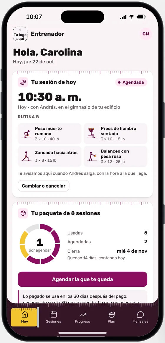 La app de la clienta en la demo de Entrenadores personales