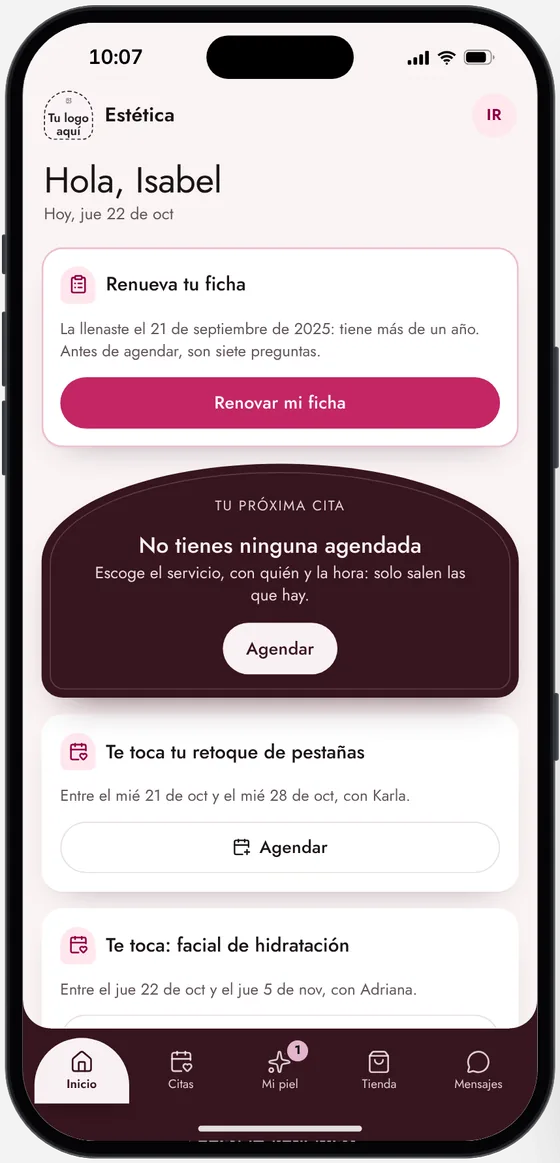 La app de la clienta en la demo de Estética