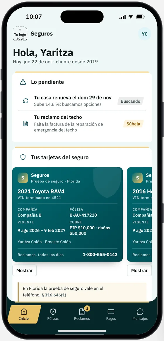 La app del asegurado en la demo de Agente de seguros