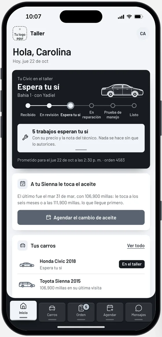 La app del cliente en la demo de Taller mecánico